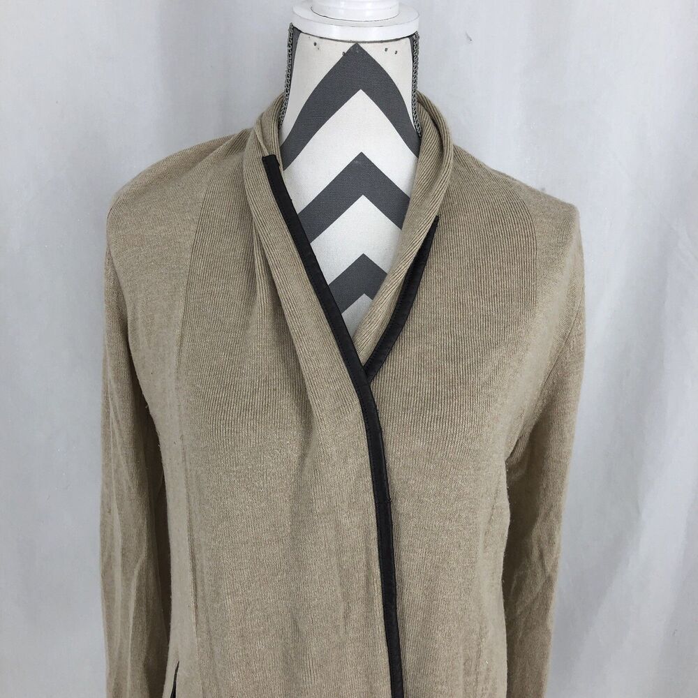 Banana Republic Open Cardigan Sweater Faux Leather Trim Light Camel Medium